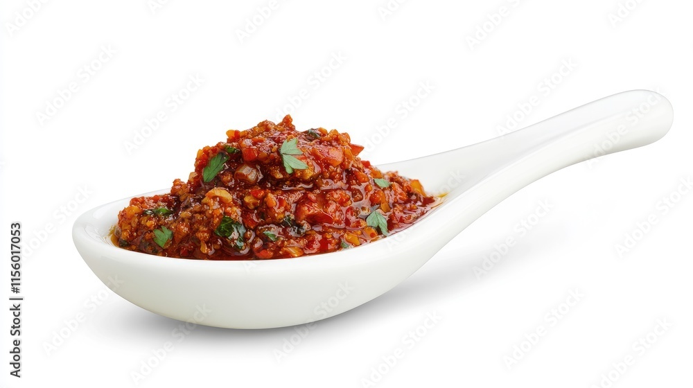 Spicy chili sauce on a decorative spoon with fresh herbs garnish Spicy chili sauce on a decorative spoon with fresh herbs garnish