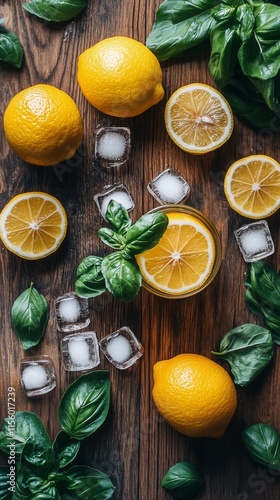 Fresh lemons and mint leaves arranged with ice on a rustic surface