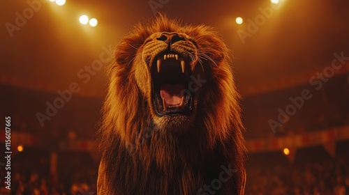 Majestic lion roaring in a spotlight at a circus performance in the evening