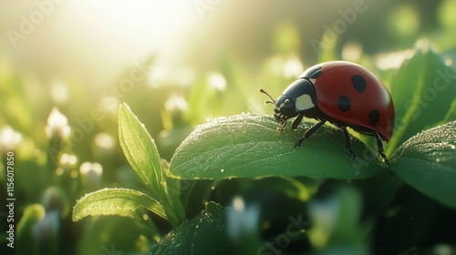 Ladybug resting on a leaf in a sunlit garden during springtime