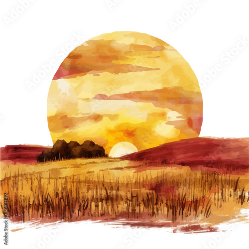 A watercolor drawing of a golden sunset over a vast field of ripening crops, isolated on a white background. Field of crops vector.
