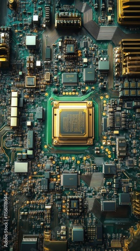 Close-up view of a computer motherboard with central processing unit in intri...