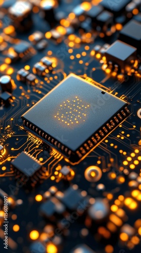 Close-up view of a computer motherboard with central processing unit in intri...