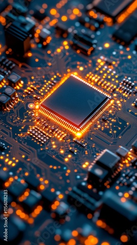 Close-up view of a computer motherboard with central processing unit in intri...