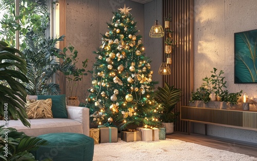 Tropical modern design with a green Christmas tree decorated in gold and teal accents, surrounded by indoor plants and warm lighting