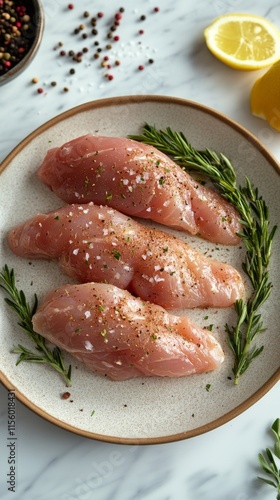 Tender grilled chicken fillets seasoned with herbs served on a rustic plate
