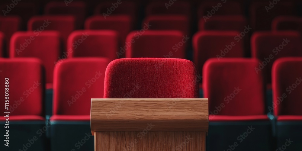 Obraz premium A wooden podium stands in front of empty red theater seats, creating a scene of anticipation and focus in a performance space.