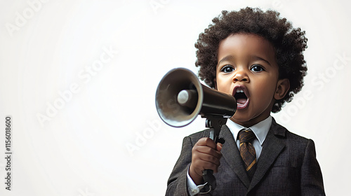 A young child with an afro passionately addressing change through a vintage megaphone, ideal for Black History Month, civil rights events, or empowerment campaigns. photo