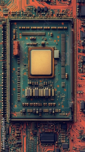 Close-up view of a computer motherboard with central processing unit in intri...