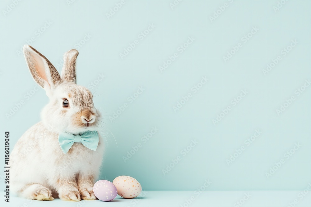 Obraz premium Easter bunny with a pastel blue bow, Easter Eggs, pastel blue background