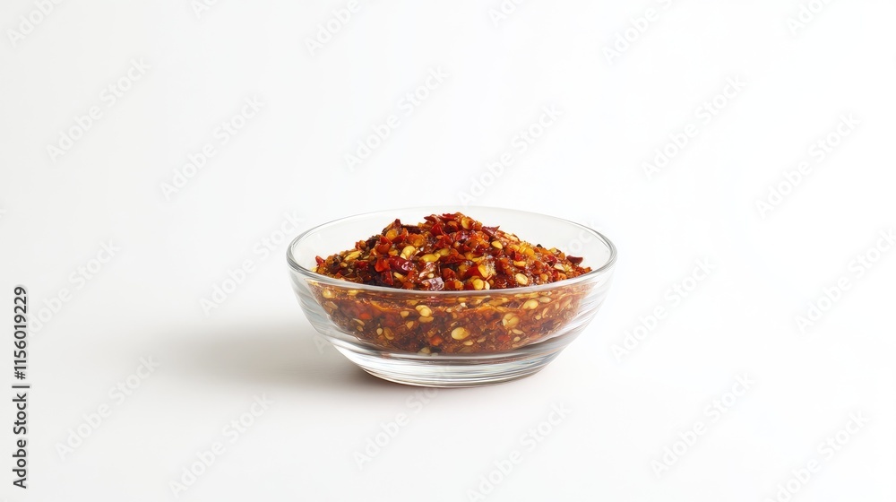 Spicy Red Pepper Flakes in Clear Glass Bowl on White Background Spicy Red Pepper Flakes in Clear Glass Bowl on White Background