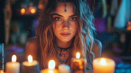 Young woman surrounded by candles in a tranquil setting during an evening gat...