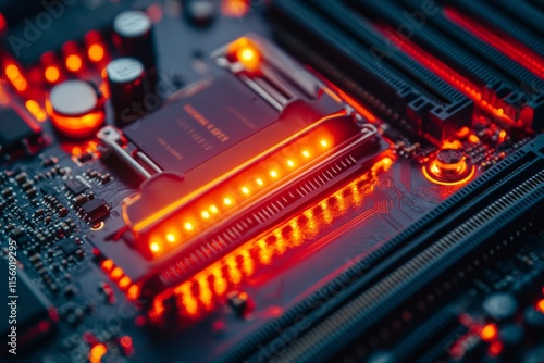 High-tech motherboard glowing with red lights and intricate circuitry