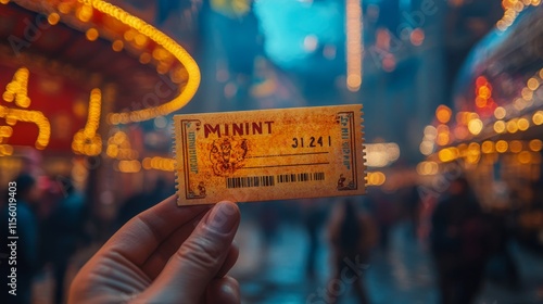 Vintage carnival ticket held up in festive street lit by colorful lights duri...