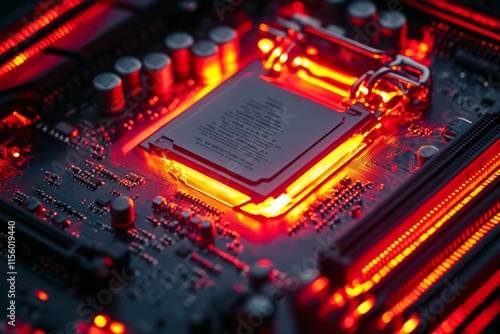 High-tech motherboard glowing with red lights and intricate circuitry