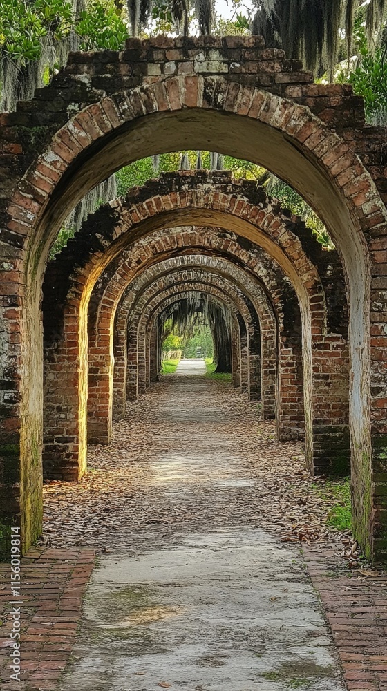 Naklejka premium Brick archways leading to a serene path lined with moss in an outdoor garden