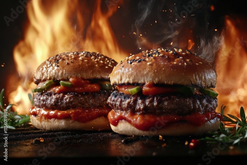Juicy hamburgers sizzling on the grill with flames and smoke rising at a summ...