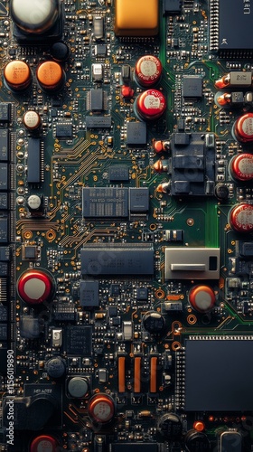 Circuit board with glowing components showcasing intricate electronic details...