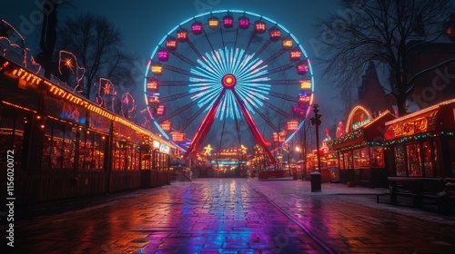 Colorful Ferris wheel illuminates empty fairground at night during winter fes...