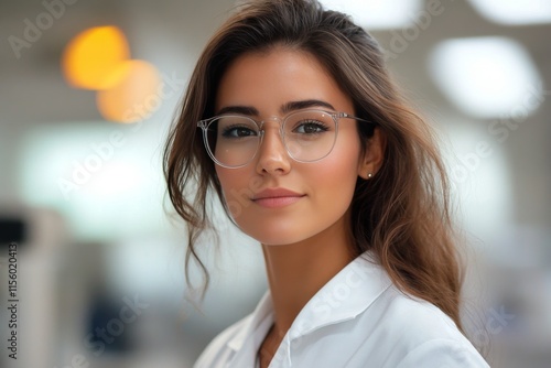 Young female researcher in a lab coat showcases a confident smile in a modern...