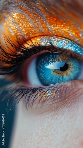 Sparkling blue eye with orange glitter makeup showcasing detail and creativit...