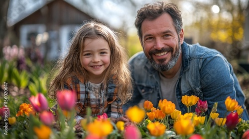 Family gardening together in a lush green backyard with blooming flowers