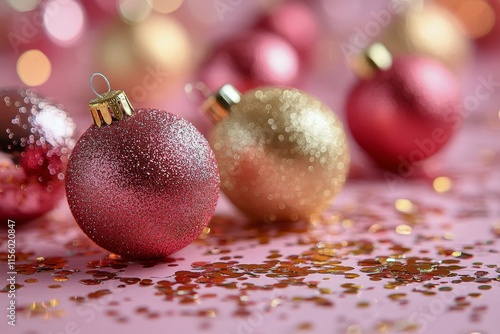 Colorful glittery ornaments on a pink surface with festive confetti for holid...