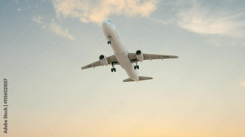 Ultra HD 4K. Airplane flies in sky at sunset day. Travel. Airplane takes off against the background of sunset. Transportation concept Ultra HD 4K. Airplane flies in sky at sunset day. Travel. Airplane takes off against the background of sunset. Transportation concept