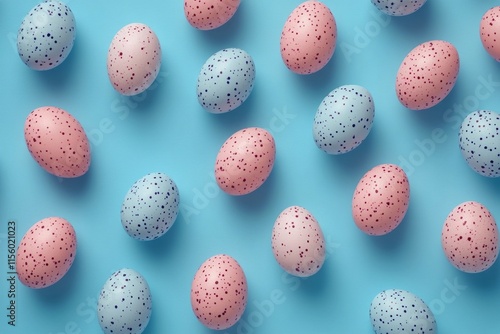 Colorful speckled eggs scattered on blue background with pastel confetti for ...