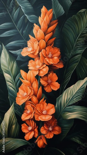 Bright orange flowers with green leaves in a lush tropical setting during day...