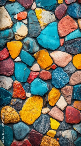 Colorful stones create vibrant texture on weathered wall in outdoor setting