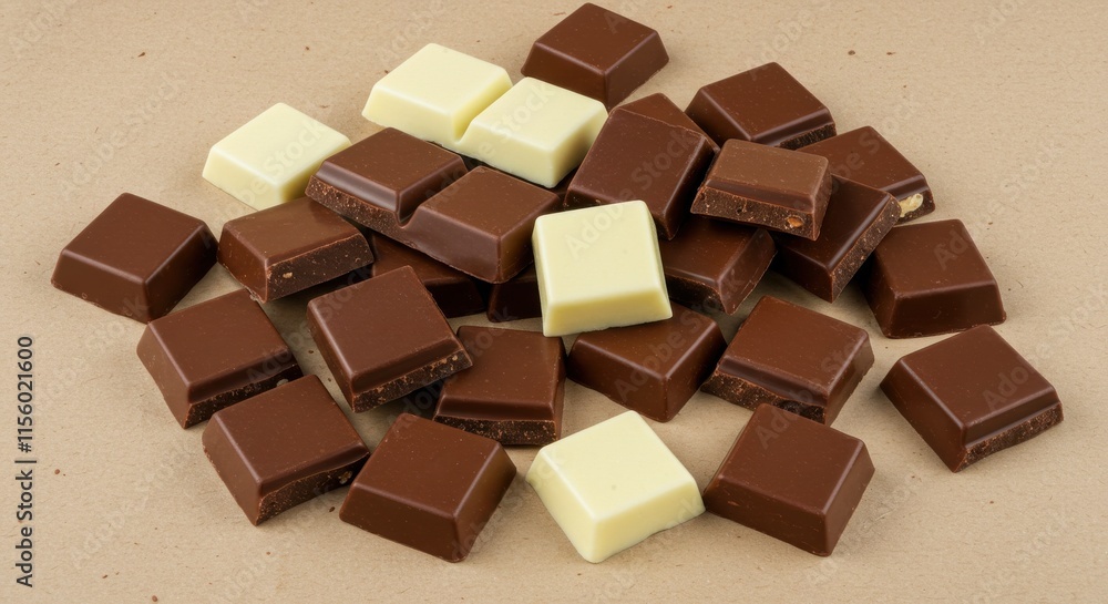 A delightful assortment of white and milk chocolate cubes or pieces scattered across a textured beige paper surface The chocolate pieces vary in shape ,size and color A delightful assortment of white and milk chocolate cubes or pieces scattered across a textured beige paper surface The chocolate pieces vary in shape ,size and color