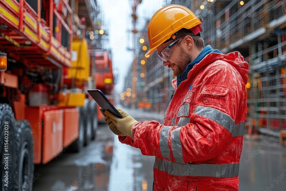 Engineer checks construction progress with tablet on site during overcast day Engineer checks construction progress with tablet on site during overcast day