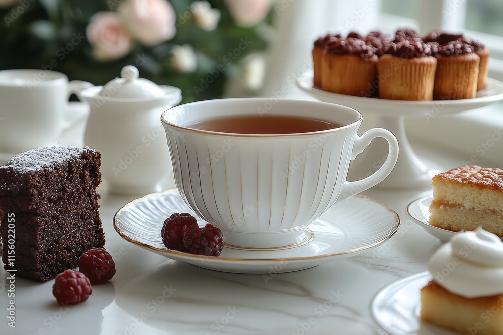 Fototapeta premium Elegant porcelain tea set with black tea and delightful pastries on a marble table