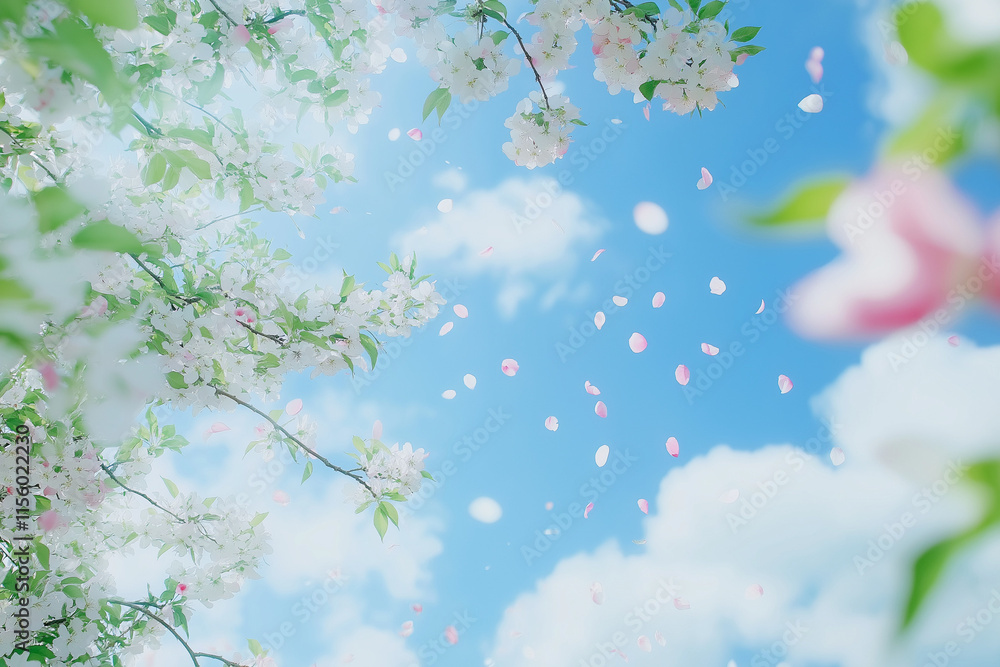 Fototapeta premium Cherry blossom petals falling gently from blooming branches against a bright blue sky with clouds