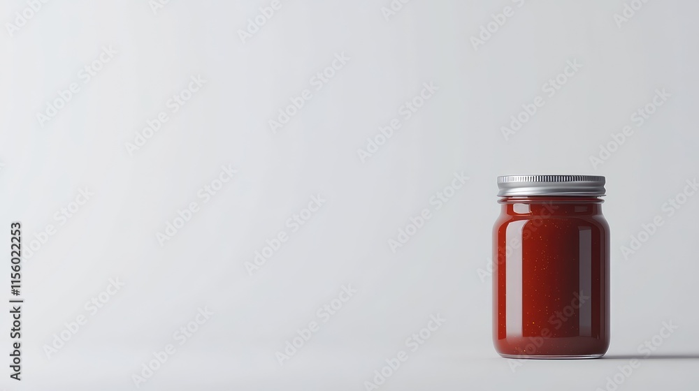 Simple Glass Jar Filled with Red Sauce on Plain Background Simple Glass Jar Filled with Red Sauce on Plain Background