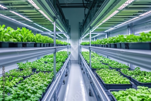 Indoor vertical farm with LED grow lights cultivating various green leafy plants in trays.