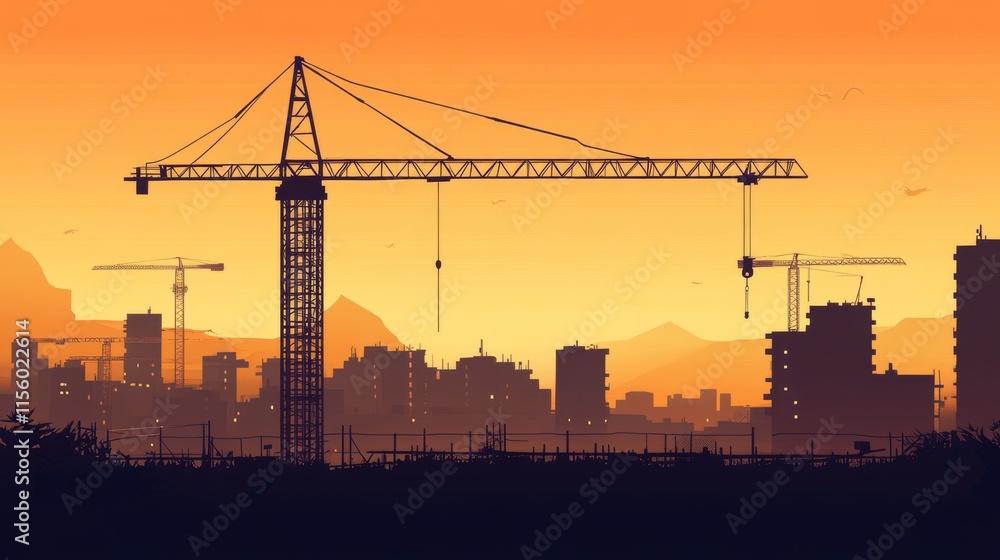 Big set of Tower construction crane. Vector with building cranes, isolated on sunset sky background. Collection of Construction black silhouettes site line sketch, hand drawn, vector. Big set of Tower construction crane. Vector with building cranes, isolated on sunset sky background. Collection of Construction black silhouettes site line sketch, hand drawn, vector.
