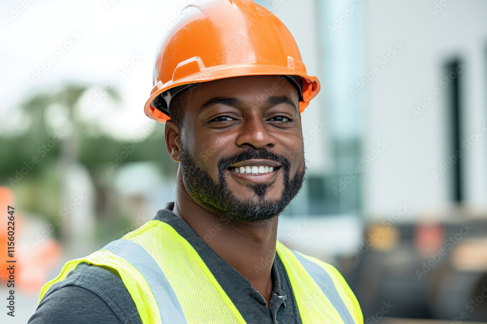 Construction worker smiling at the camera on a busy building site with cranes and scaffolding in the background. Construction worker smiling at the camera on a busy building site with cranes and scaffolding in the background.