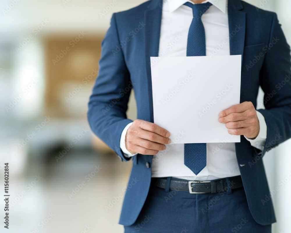 Somber Banker Holding Foreclosure Document in Professional Attire, Signifying Financial Challenges and Serious Negotiations in a Modern Office Environment Somber Banker Holding Foreclosure Document in Professional Attire, Signifying Financial Challenges and Serious Negotiations in a Modern Office Environment