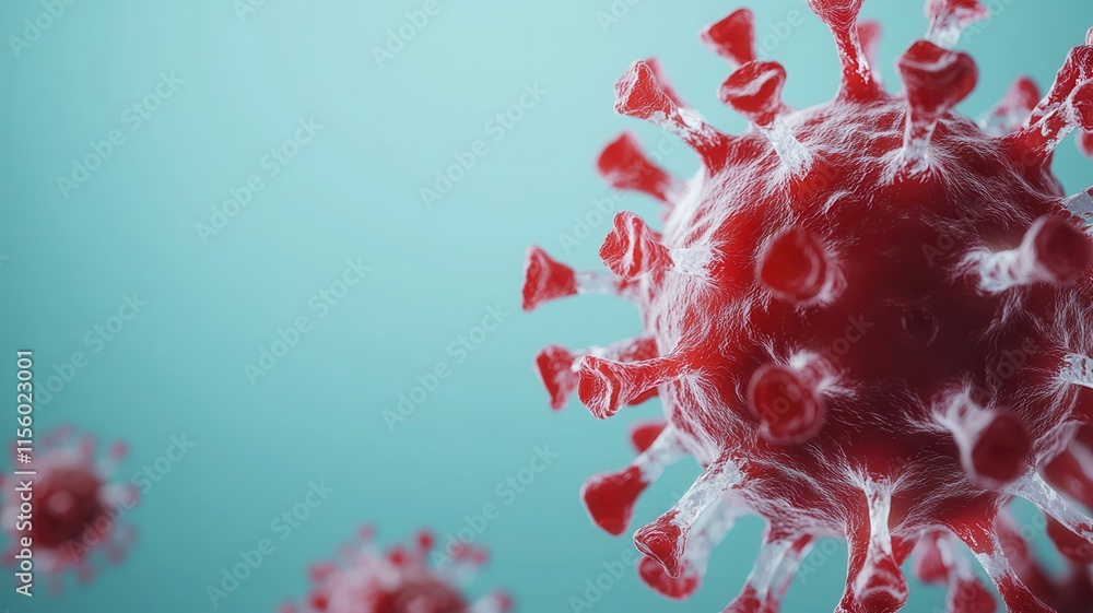 Close-up view of a virus, highlighting its structure with red spikes against a light blue background, representing a microscopic perspective of infectious agents. Close-up view of a virus, highlighting its structure with red spikes against a light blue background, representing a microscopic perspective of infectious agents.