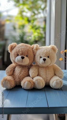 Two cuddly bears sitting together on a soft surface in a cozy indoor setting