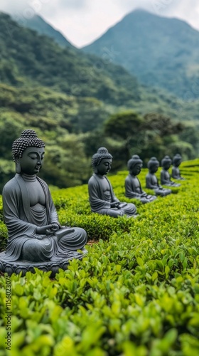 Serenity and tranquility of Buddha statues surrounded by lush greenery in a p...