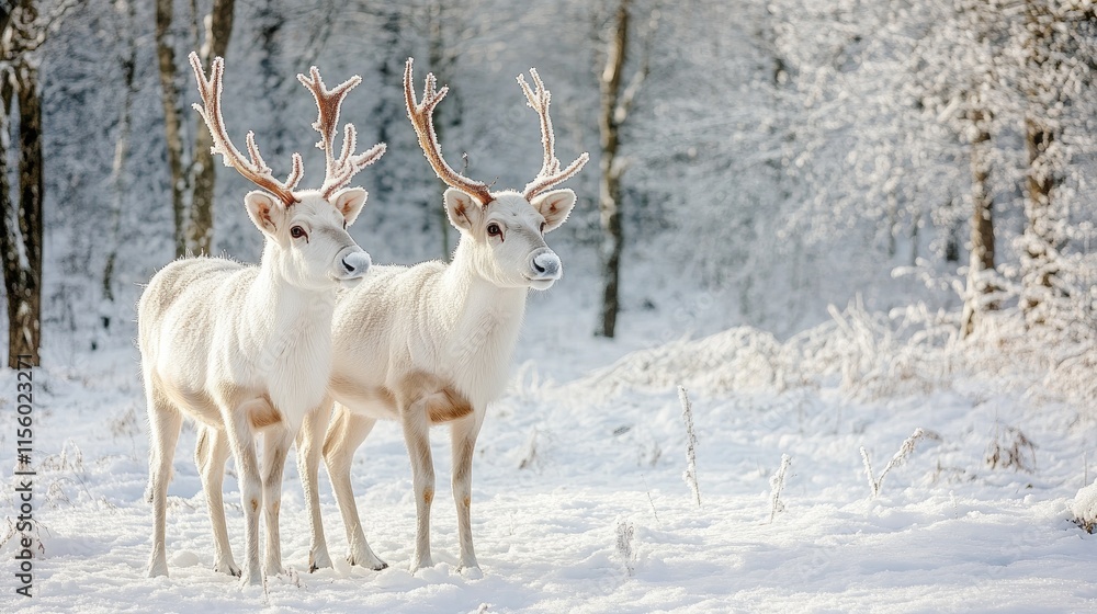 Majestic White Reindeer in a Snowy Forest Landscape Scene Majestic White Reindeer in a Snowy Forest Landscape Scene