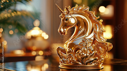 Golden unicorn statue on dark surface.