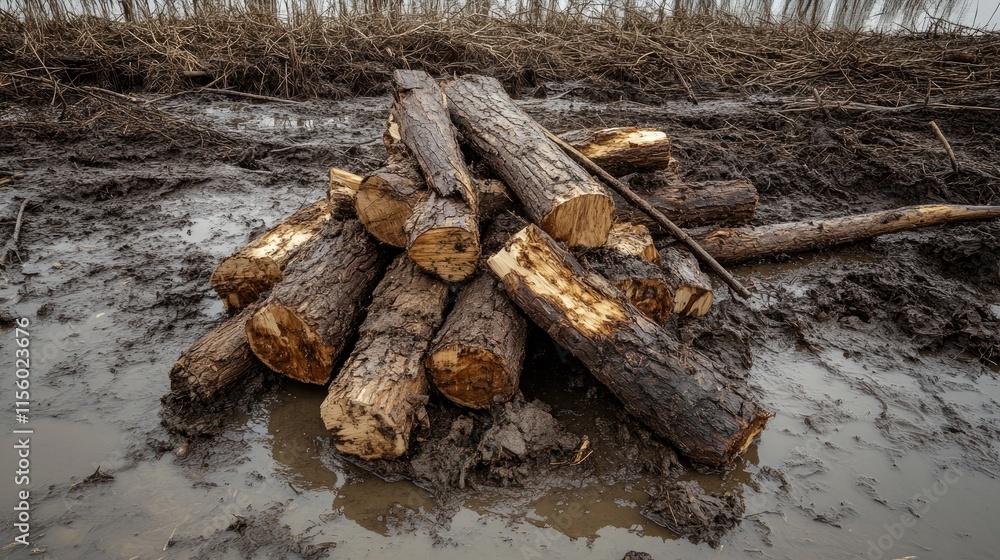 Pile of Cut Logs Stacked on Wet Ground at a Forest Site Pile of Cut Logs Stacked on Wet Ground at a Forest Site