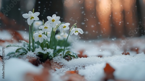 Snow-covered stream flowing through a forest with snowdrops at sunrise