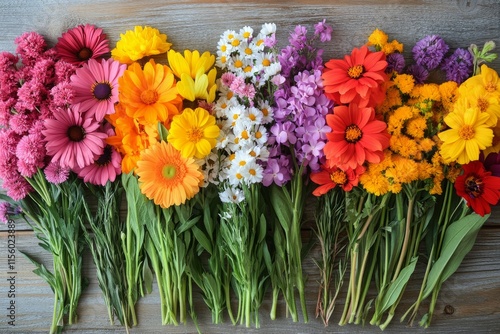 Colorful arrangement of vibrant flowers on wooden background during spring se...