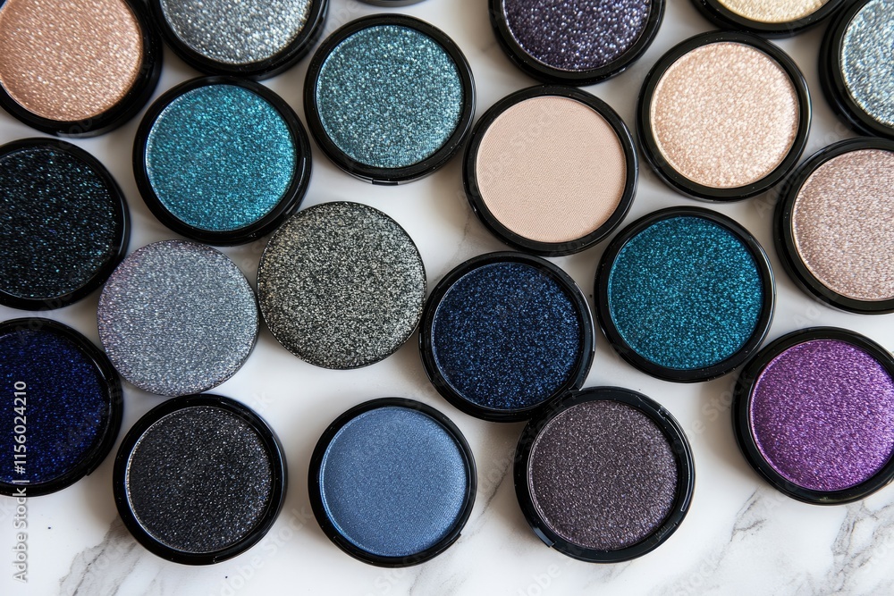 Collection of various sparkly eyeshadows in different shades of blue, gray, purple, and beige. Collection of various sparkly eyeshadows in different shades of blue, gray, purple, and beige.