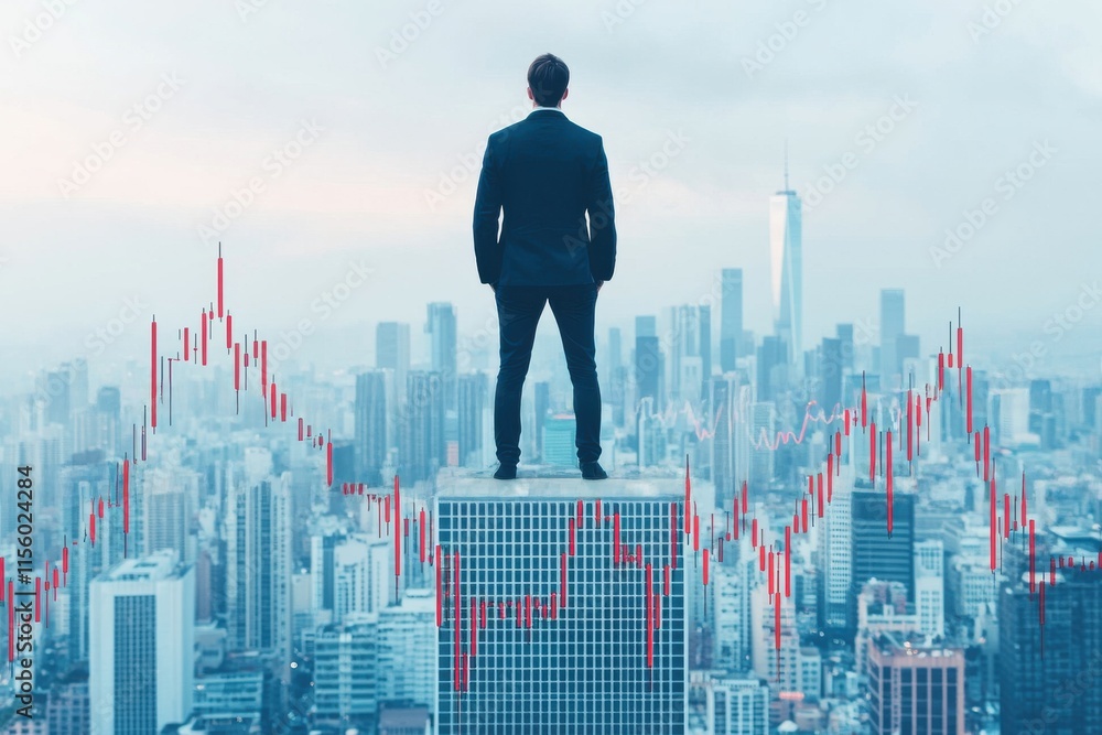 A lone figure stands at the edge of a skyscraper, overlooking a vibrant cityscape with financial graphs overlaying the urban skyline in a dramatic scene of ambition. A lone figure stands at the edge of a skyscraper, overlooking a vibrant cityscape with financial graphs overlaying the urban skyline in a dramatic scene of ambition.